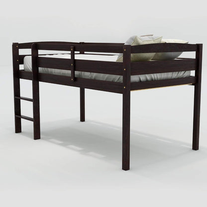 Cama suspensa baixa de madeira tamanho solteiro Espresso com escada