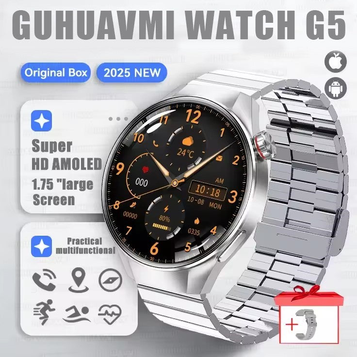Smartwatch 2025 Original G5 Plus, Tela AMOLED HD de 1,75", Rastreamento GPS, Frequência Cardíaca, Chamada Bluetooth, Bússola para Homens