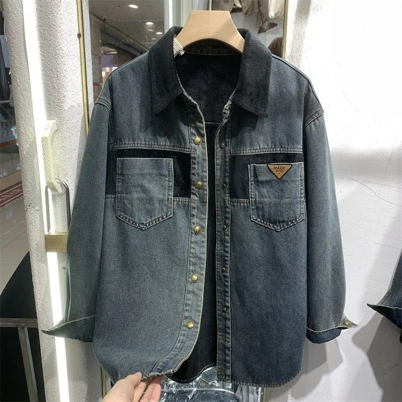 Women's Denim Blouse 2025 Autumn Winter Mid Length Version Add Velvet Ladies Tops Long Sleeve Versatile Lady Cowboy Shirt