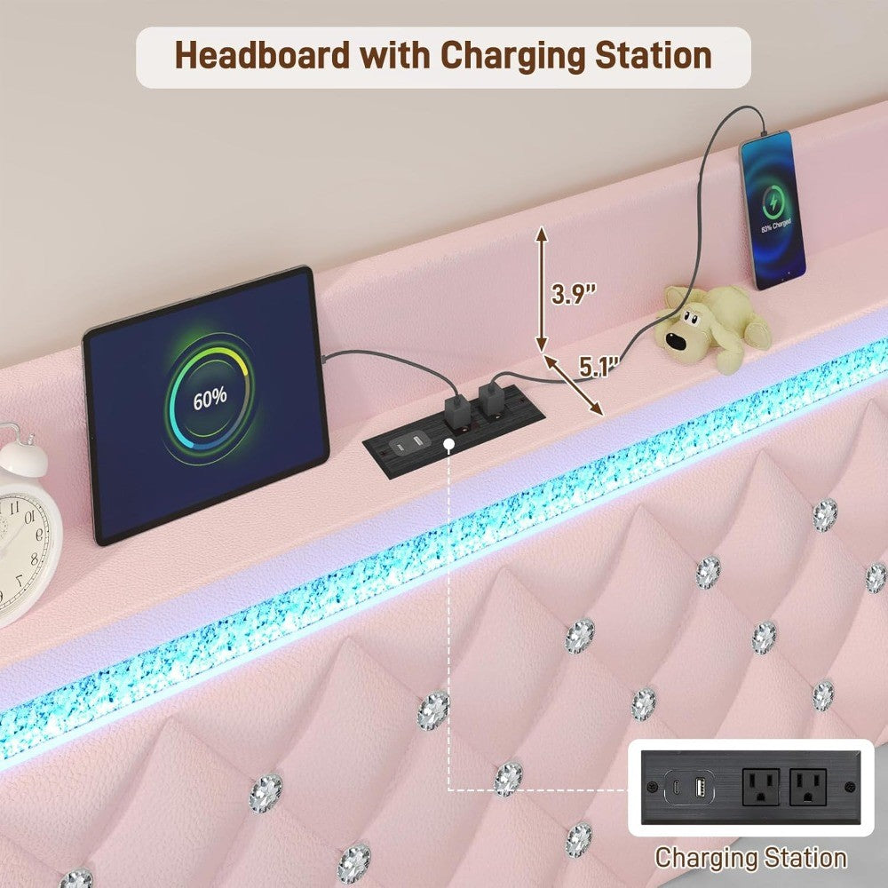 Estrutura de Cama Queen Flutuante com Luz LED, Cama Queen Estofada Plataforma com Estação de Carregamento e Encosto de Asa, Armazenamento Acolchoado com Diamantes