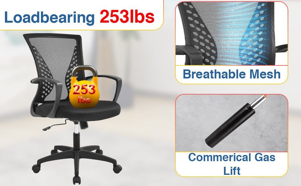 Cadeira de Escritório, Cadeira de Malha Ergonômica para Computador, Cadeira Giratória Média com Suporte Lombar e Braços