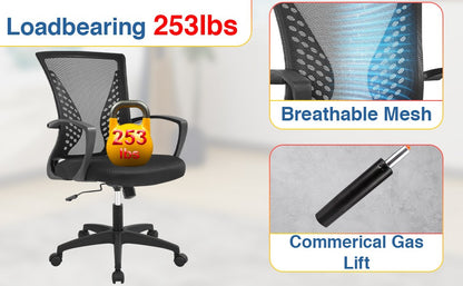 Cadeira de Escritório, Cadeira de Malha Ergonômica para Computador, Cadeira Giratória Média com Suporte Lombar e Braços