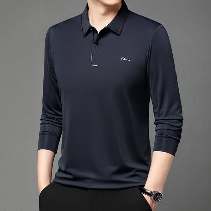 New Men's Business Casual Long Sleeved Shirt with Badge Solid Color Polo Shirt Fashionable Breathable Comfortable Versatile Top