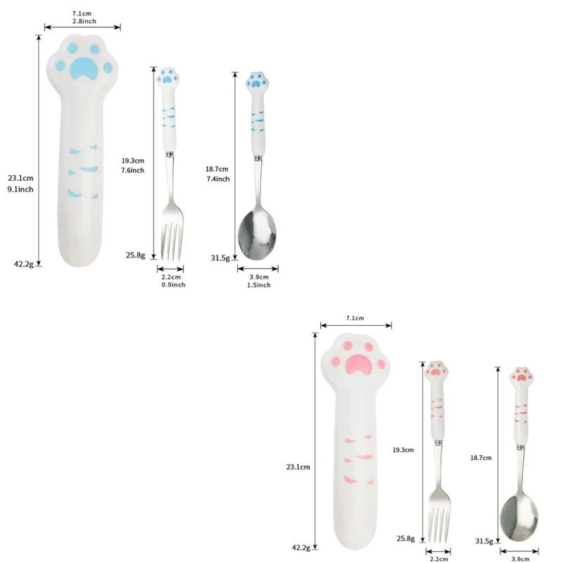 Conjunto de Talheres de Pata de Gato Fofa Garfo e Colher de Aço Inoxidável com Caixa de Armazenamento Louça Talheres Prata Acessórios para Almoço Bento