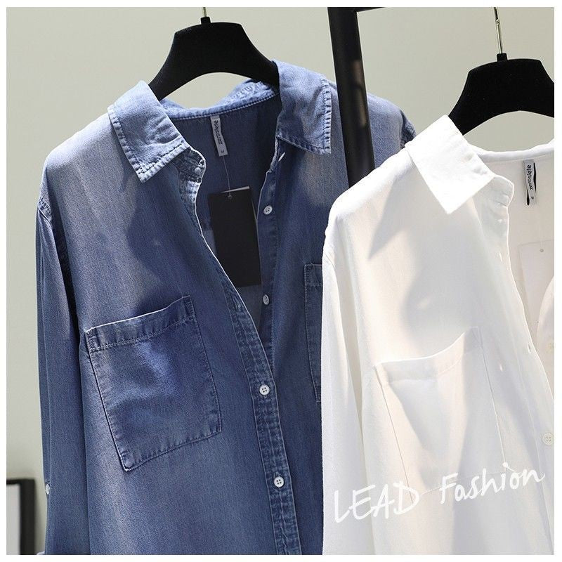 Fashion Women's Clothing Shirt Medium Long Containing Cotton Shirt Loose Fit Long Sleeve Double Pocket Rolled Sleeve Thin Blouse