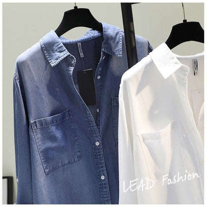 Fashion Women's Clothing Shirt Medium Long Containing Cotton Shirt Loose Fit Long Sleeve Double Pocket Rolled Sleeve Thin Blouse