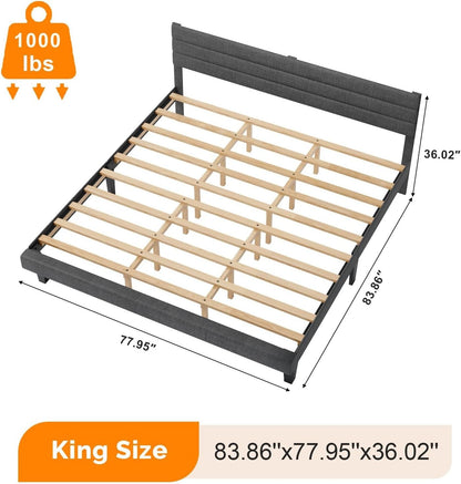 King Size Bed Frame and Headboard,Panel Soft Bed with Linen Fabric Upholstered Padding, Low Profile Bed with Durable Woo
