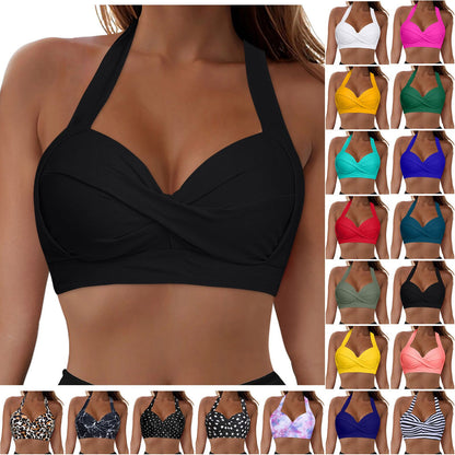 Halter Neck Push Up Bikinis Tops Women 2025 New Chest Padded Solid Swimwears Bikinis Top For Women Summer Beach Bathing Suit
