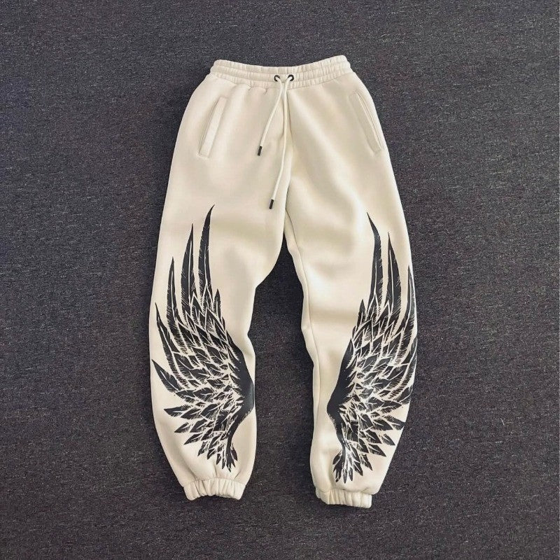 Trendy fashionable hip hop wing pattern print design casual pants Y2K retro Harajuku Gothic men loose tight fitting pants