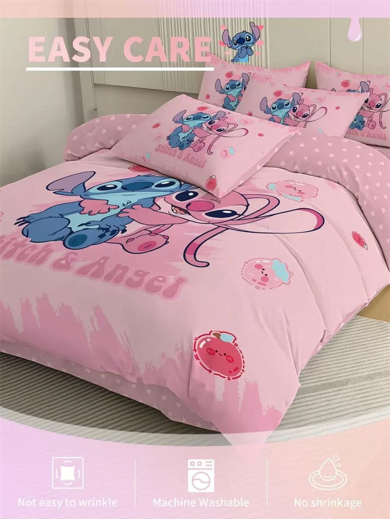 2/3pcs Stitch Duvet Cover Set Pink Bedding Skin-Friendly and Comfortable Cartoon Style Comforter Cover Set Decor