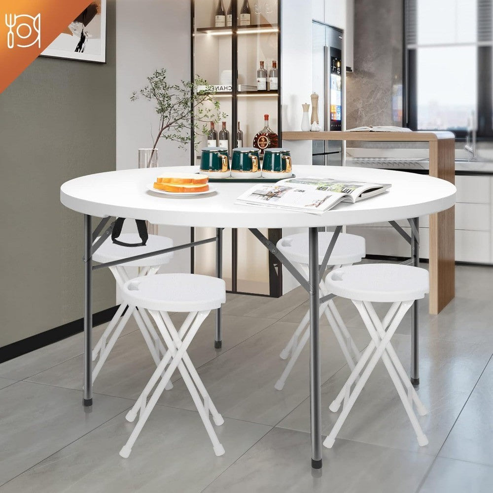 White 48 Round Bi-Folding Commercial Table, 4 Feet Portable Plastic Dining Card Table for Kitchen or Outdoor Party Weddin
