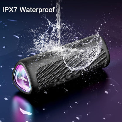 Caixa de Som Portátil Bluetooth Ortizan M7, Som Potente de 24W, Graves Ricos, À Prova d'Água IPX7, 30 Horas de Reprodução, Luzes Coloridas
