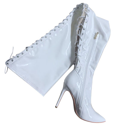 13CM Thin Heel Black Lace-up Over the knee Boots Woman Fetish Pointy Toe Boots Elastic Leather Thigh High Sexy Women Party Shoes