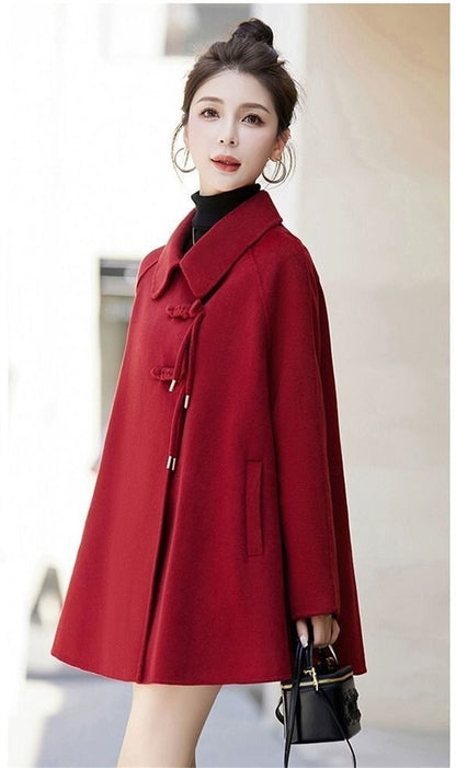 High Quality Woolen Coat Women 2025 Autumn Winter New Cloak Long Wool Jacket Chinese Retro Buckle Ladies Overwear Korean Outcoat