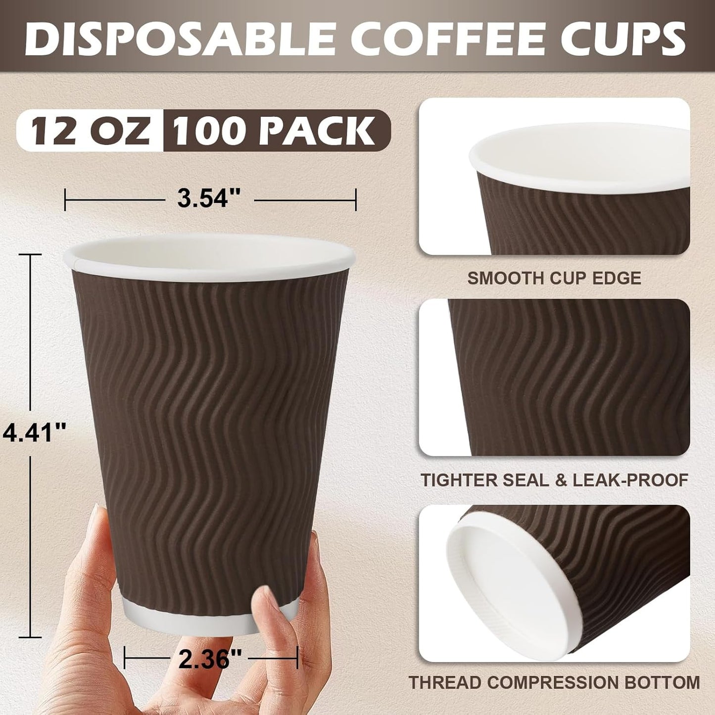 Copos de Café Descartáveis de 350 ml, 100 Unidades, Copos de Papel Térmicos, Copo de Papel com Parede Ondulada Corrugada, Quente/Frio D
