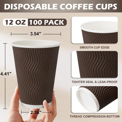 Copos de Café Descartáveis de 350 ml, 100 Unidades, Copos de Papel Térmicos, Copo de Papel com Parede Ondulada Corrugada, Quente/Frio D