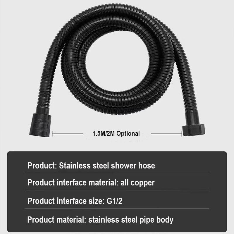 1.5/2M Stainless Steel Shower Hose Black/Silver Long Bathroom Shower Water Hose Extension Plumbing Pipe Showerhead Tube
