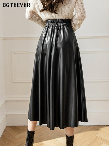 BGTEEVER Spring Autumn Loose PU Leather A-line Skirts Women Elegant High Waist Pleated Faux Leather Skirts Female