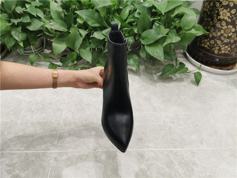 Onlymaker Women Pointed Toe Ankle Boots Black Matte Flock Chunky Heel Platform Booties Party Shoes Large Size Short Boots