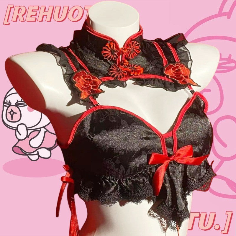 Gothic Vintage Cheongsam Lingerie Dress Maid Cosplay Uniform Lolita Lace Embroidery Underwear Set Sexy Halloween Sweet Costume