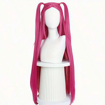 Peruca rabo de cavalo vermelha rosada com franja, cabelo longo e liso, peruca sintética rosa e vermelha estilo anime com rabo de cavalo duplo, adequada para o Halloween