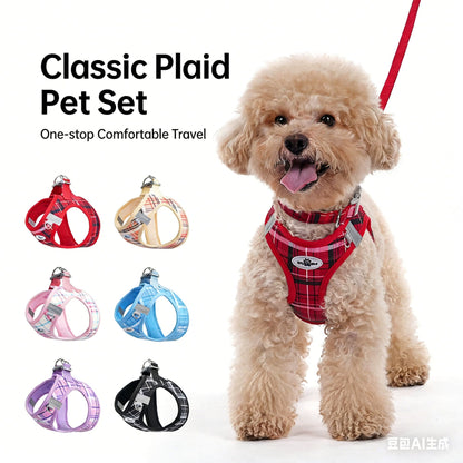 Conjunto de Três Peças de Peitoral para Cães Clássico Xadrez Pet Classic: Coleira Decompressora, Colete Estilo Peitoral e Peitoral de Ano Novo para Cães