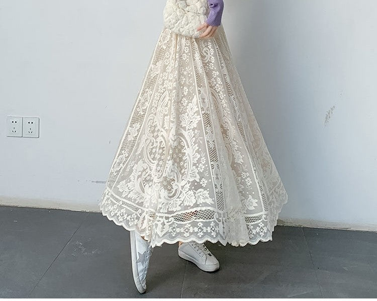 Plus Size plus Size Lace Hollow out f Skirt mid Waist Long Sle Fairy Skirt A-Line Umbrella Skirt Trendy Women's Clothing