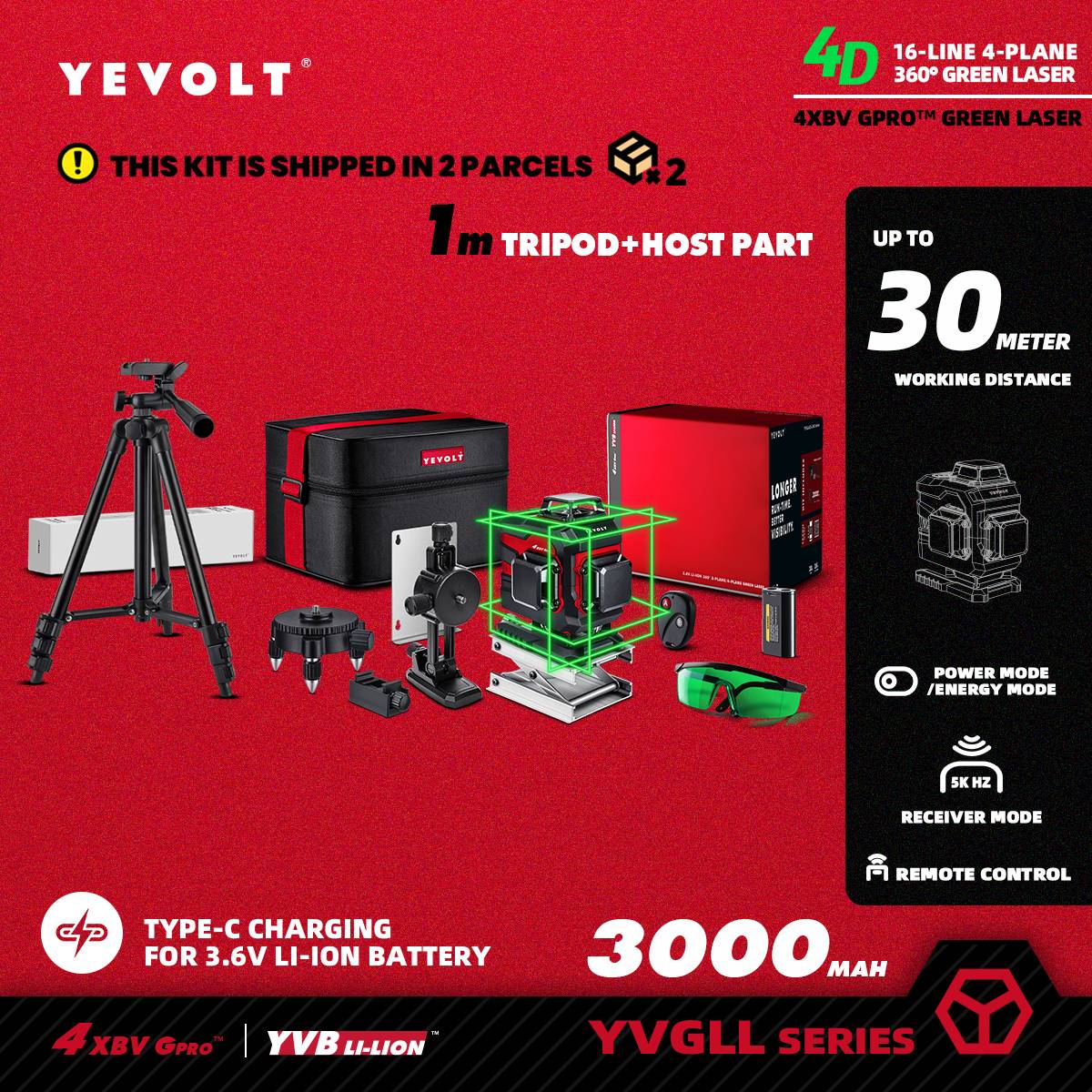 Nível a Laser Verde YEVOLT YVGLL4XS16 Series 4 Planos 16 Linhas Autonivelante 360 3D Ferramentas de Medição de Potência Horizontal e Vertical