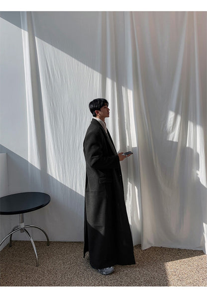 Mauroicardi Autumn Winter Extra Long Warm Black Loose Casual Wool Blends Coat Men Luxury Floor Length Overcoat Korean Fashion