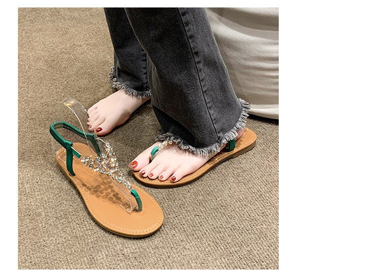 Summer New Flat Transparent Rhinestones Pintoe Women's Sandals, Fashion Casual Light Beach Cool, Shoes Women