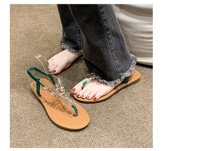 Summer New Flat Transparent Rhinestones Pintoe Women's Sandals, Fashion Casual Light Beach Cool, Shoes Women