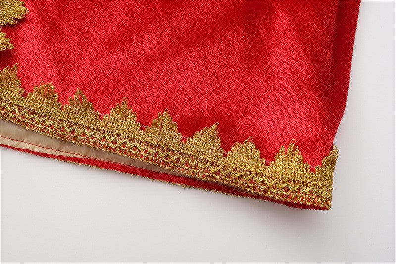 Medieval Royal Long Cape with Golden Lace Trim Floor Length Cloak Adult Men Women King Queen Halloween Cosplay Themed Party Cos