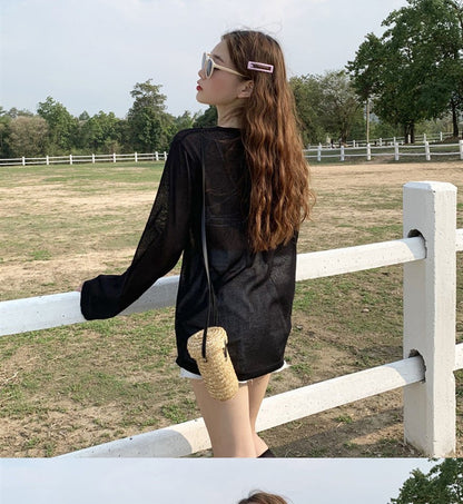 Women's 2025 Women's Summer New Beach Long sleeved Sunscreen Jacket Loose Hoodie Drawstring Upward Shirt