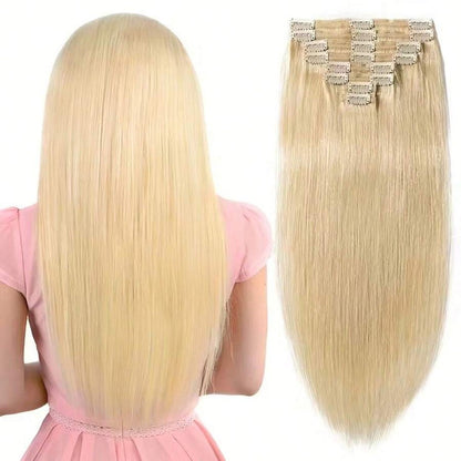 8 peças de Aplique de Cabelo Humano Tic Tac com 18 Clipes, Cabelo Humano Remi Dupla Trama para Mulheres, Loira Cor #613