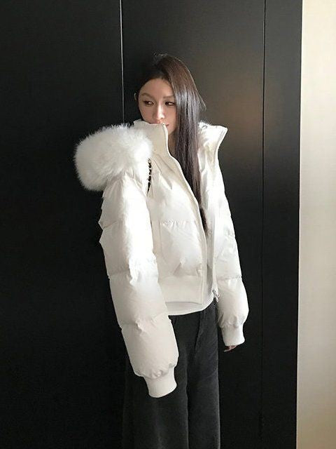 Fashion Street Simple Fur Collar White Zipper Hooded Short Jacket Women 2025 Winter Plus Velvet Thickened Warm Casual Jacket
