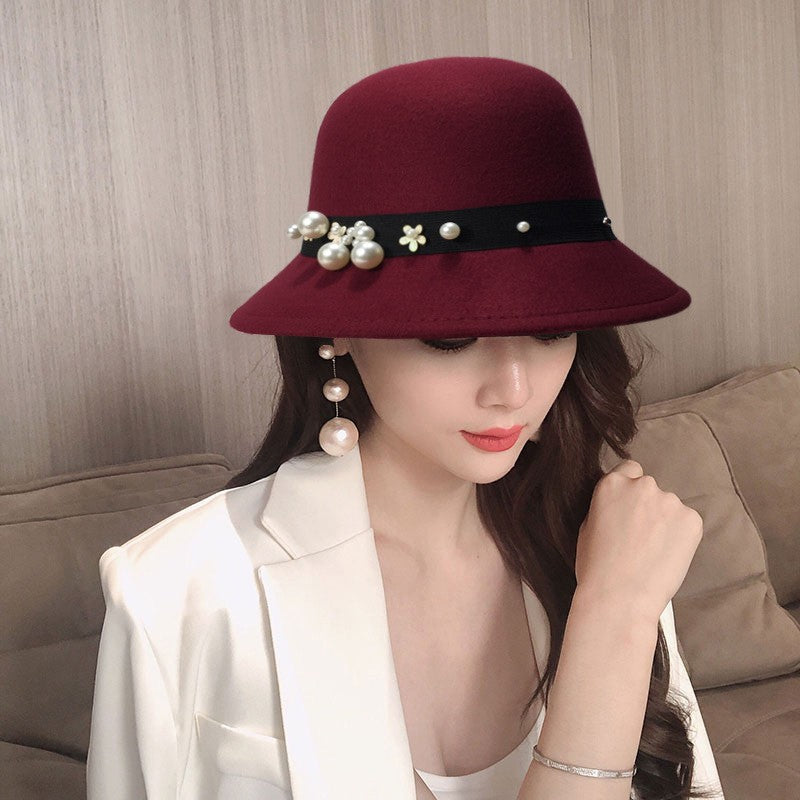 Elegant Women Pearl Ribbon Fedora Hat Autumn Winter Warm  Imitation Woolen Bowler Cap Solid Color Felt Hats