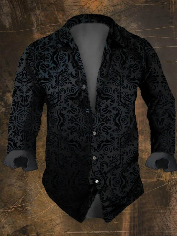 2024 Halloween Party Men's Vintage Dark Skull Print Long Sleeve Shirt - Skull Print,Regular Fit,, Lapel Collar, Polyester Blend
