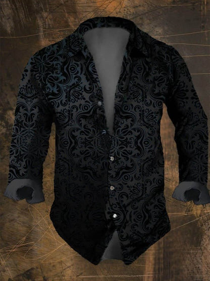 2024 Halloween Party Men's Vintage Dark Skull Print Long Sleeve Shirt - Skull Print,Regular Fit,, Lapel Collar, Polyester Blend