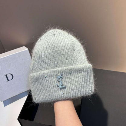 Rhinestone Decor Rabbit Fur Knitted Hat Warm Ear Flap Beanie for Women Luxury Soft Slouchy Cap Face Slimming Design