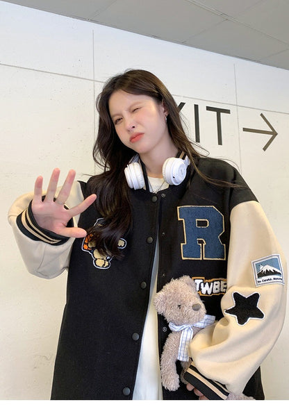 New Autumn and Winter Padded Baseball Jersey Women American Retro Loose Sweater Women Jacket