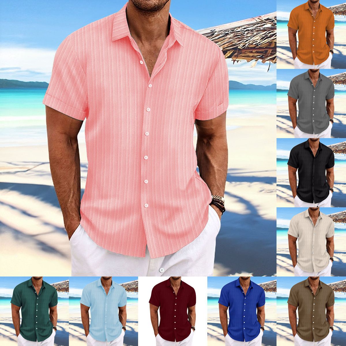 New Men's Cotton and Linen Striped Jacquard Casual Loose Short-sleeved Shirt