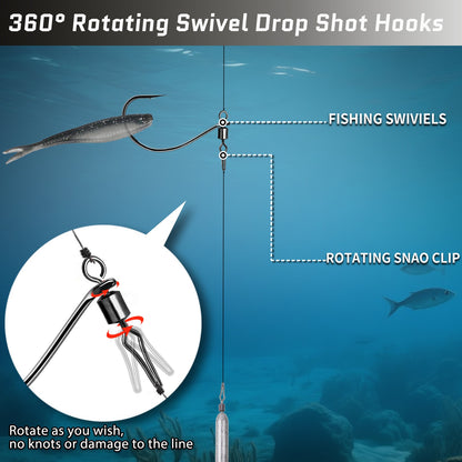 Anzol FishTrip Drop Shot com Girador Barrel e Snap 30 peças, Anzol Giratório In-line DropShot, Isca Macia, Anzol de Minhoca para Carpa e Robalo