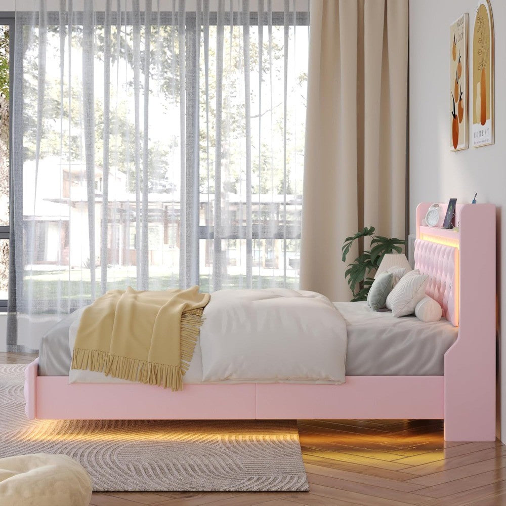 Estrutura de Cama Queen Flutuante com Luz LED, Cama Queen Estofada Plataforma com Estação de Carregamento e Encosto de Asa, Armazenamento Acolchoado com Diamantes