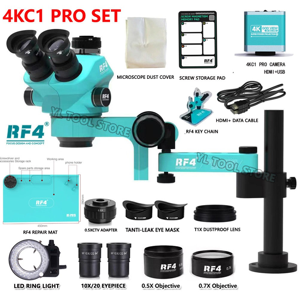 Microscópio Trinocular Estéreo RF4 360° com Braço Articulado para Reparo de Placas PCB de Celulares e Câmera Termográfica 4K C39