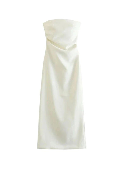 TRZA Women Fashion Strapless Gathered Midi Dress Sexy Straight Neck Back Slit Fe