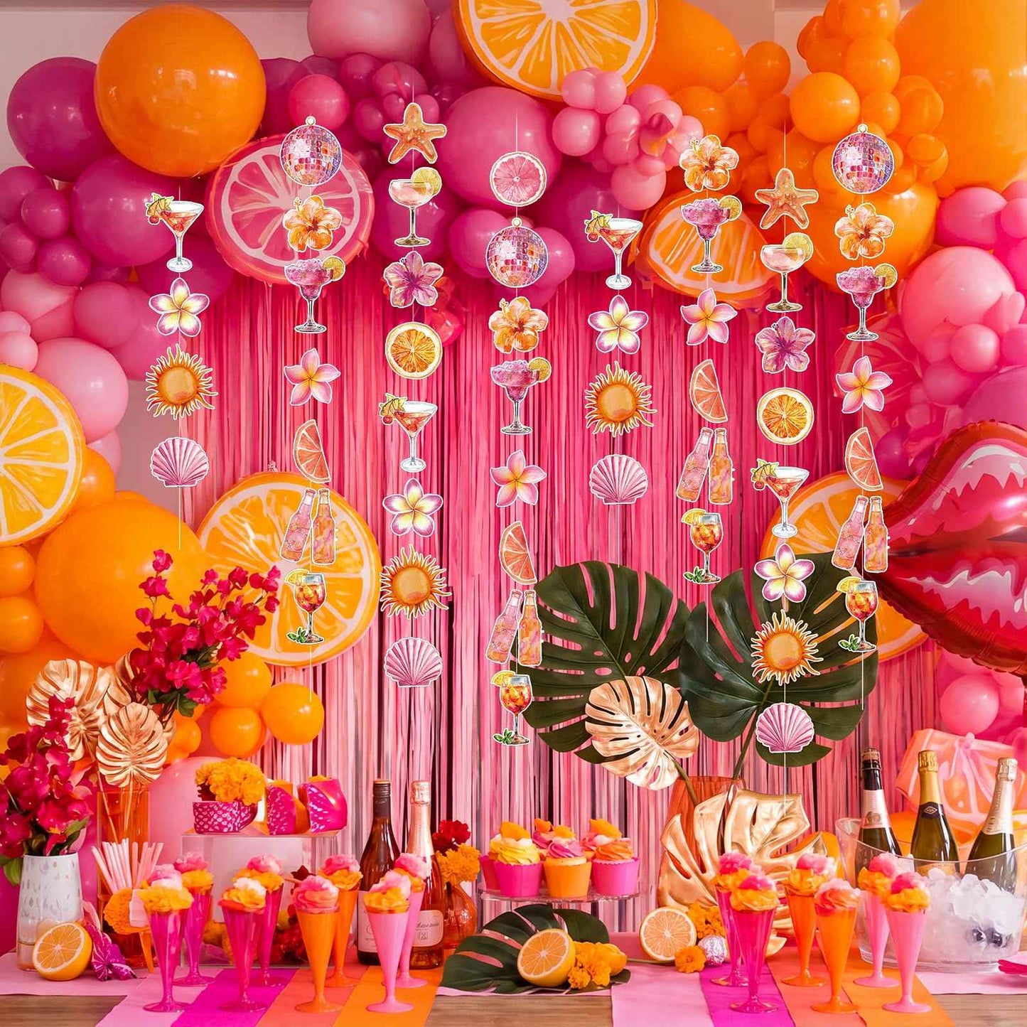 Orange Hawaiian Luau Flowers Lemon Citrus Garland Banner Tropical Aperol Spritz Cocktail Beach Bar Honeycomb ornament Decor
