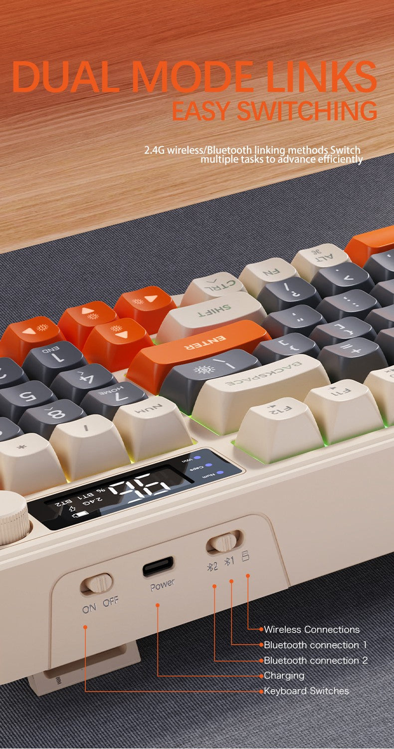 Teclado Sem Fio FreeWolf M96 com Tela, Teclado Gamer Bluetooth Conexão Dual-Mode, Conexão Multi-Dispositivos, Ergonômico