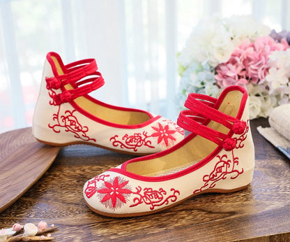 Veowalk Sunflower Embroidered Women Canvas Ballet Flats Ankle Strap Ladies Casual Cotton Chinese Embroidery Ballerina Shoes