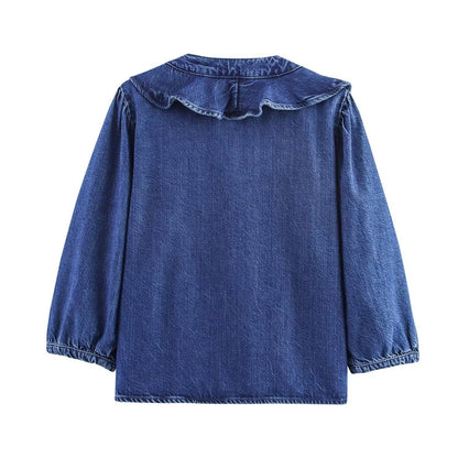European style new women's fashion all-match temperament lotus leaf lace V-neck long-sleeved denim shirt