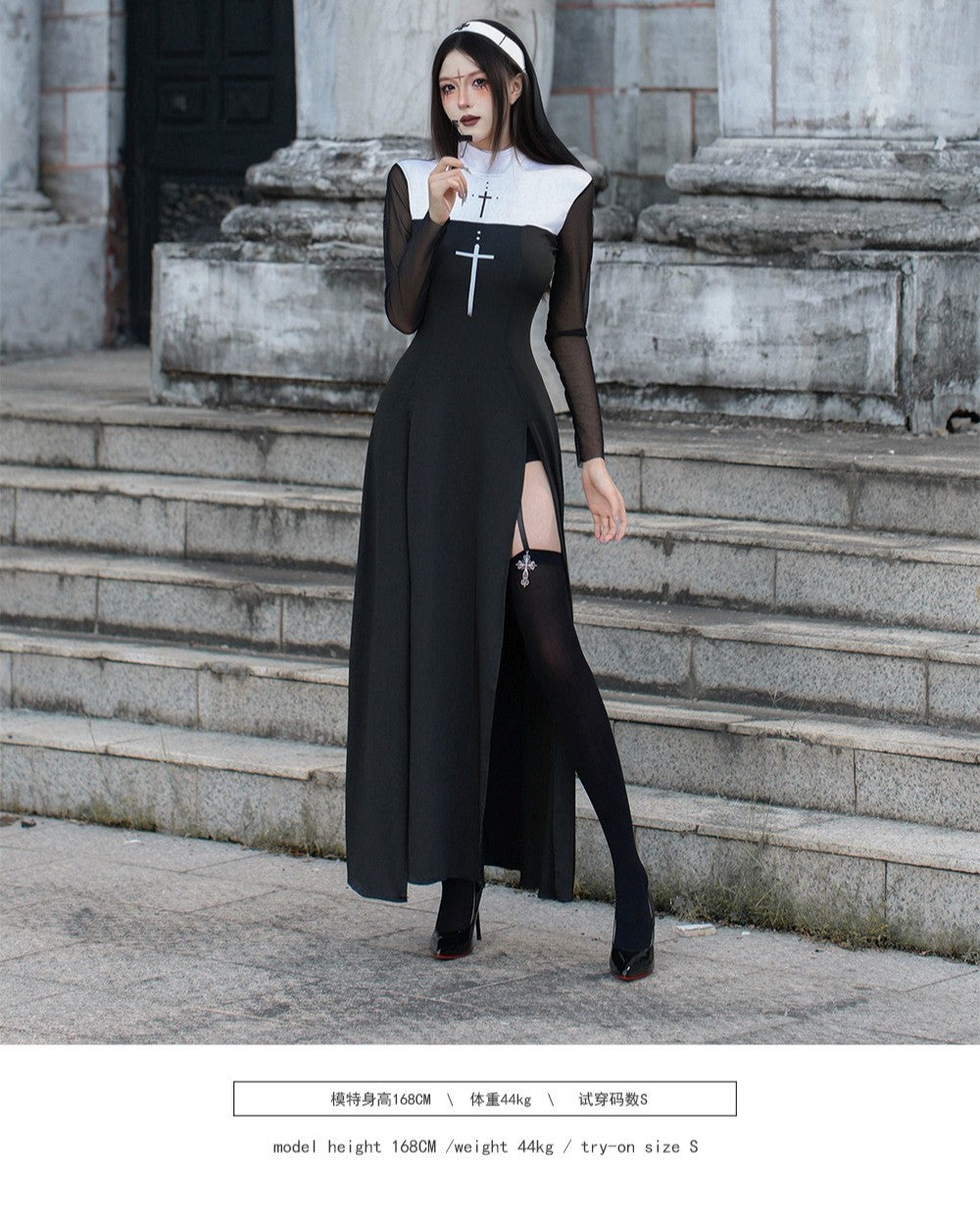 Sexy Nun Cosplay Costume Gothic Black Split Long Dress with Head Veil Halloween Carnival Party Fancy Dress for Women Nun